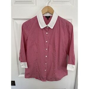 Talbots Button Front Blouse Tailored Deep Pink Gingham Check Sz M Petite
